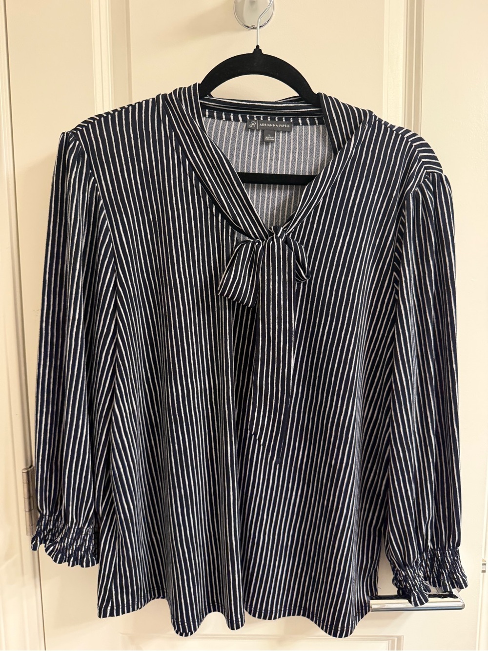 Adrianna Papell Navy & White Striped Long-Sleeve Tie-Neck Blouse